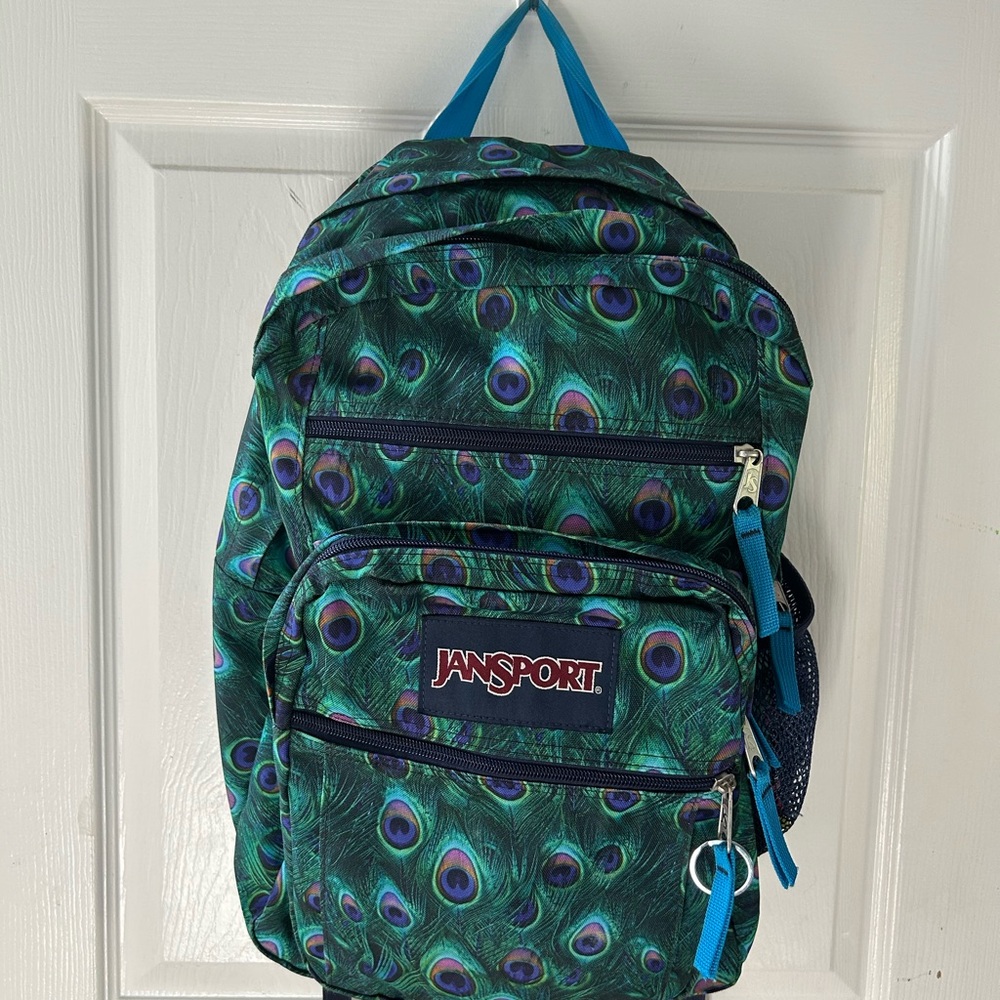 Jansport Green and Blue Feather Pattern Backpack
